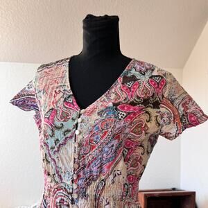Paisley multicolor gauze maxi dress sz S button front shirred whimsical fairy